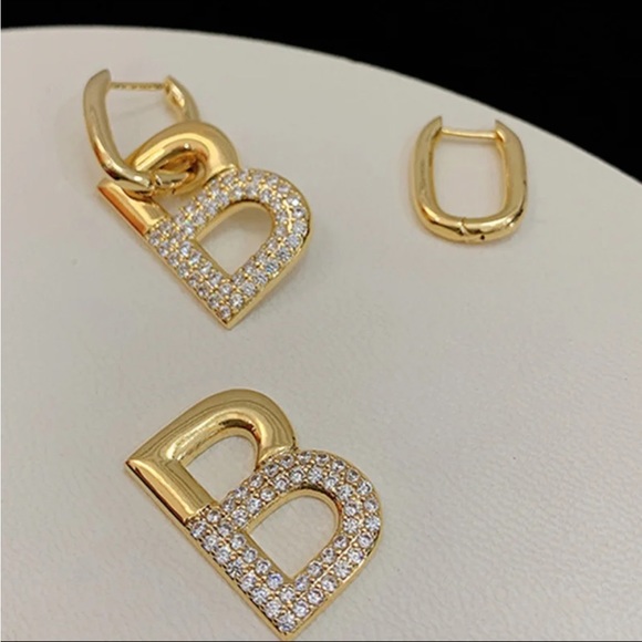 Gold Plated “B” Earrings with Rhinestones - Picture 3 of 6